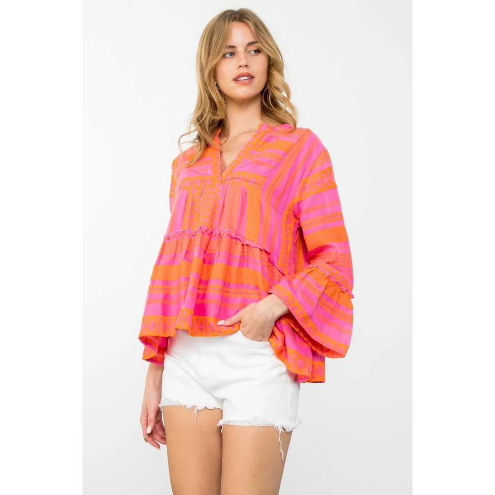THML Pink Orange Embroidered Babydoll Top V-Neck Bell Sleeve Blouse SRT1610-PK M